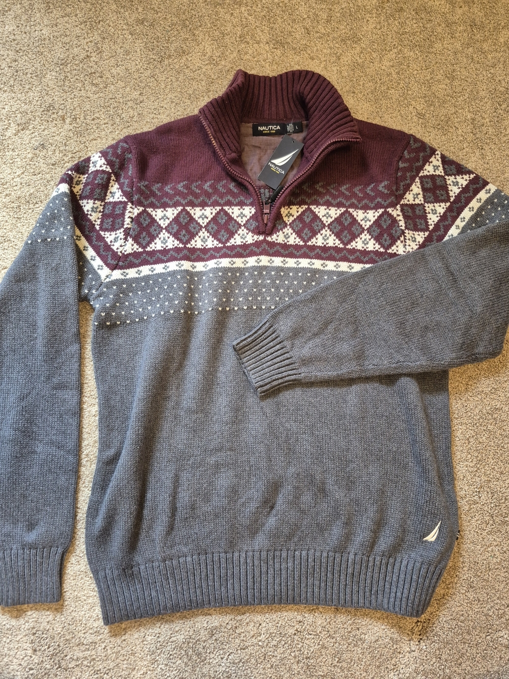 Nautica NWT Vintage Men’s Quarter-Zip Fair Isle Sweater - Burgundy & Gray Large